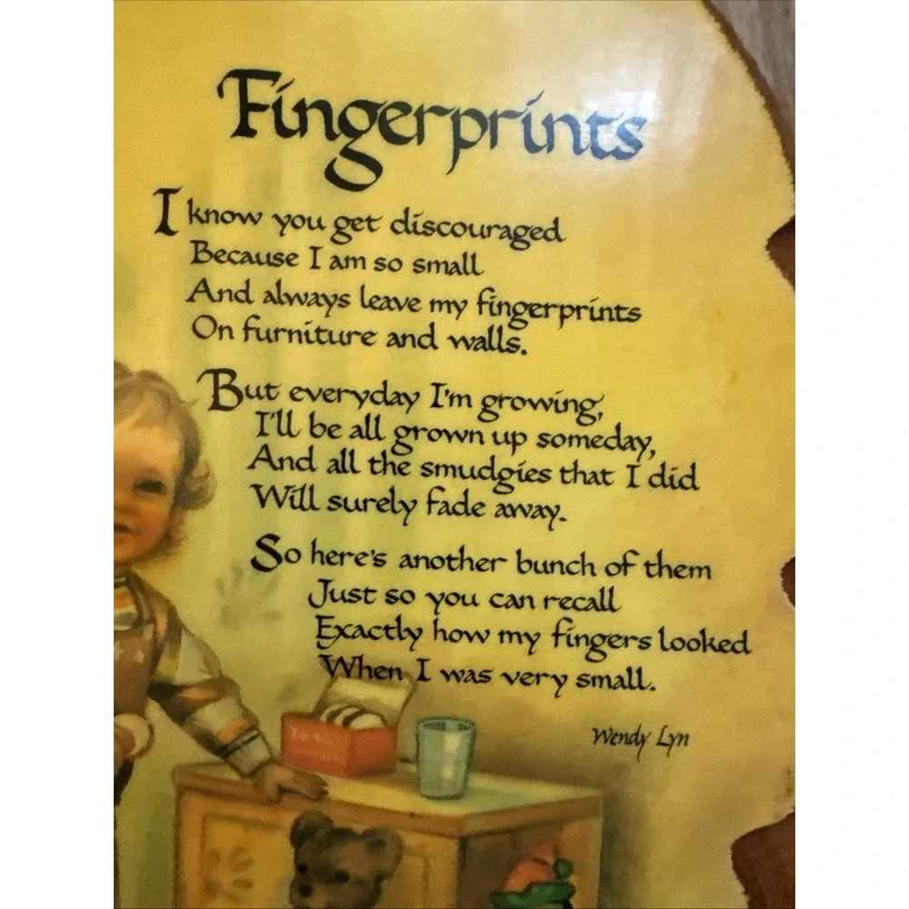 Vintage 1970s Wendy Lyn Fingerprints Poem Wood Wall Plaque Nursery Decor